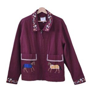FOUND Twill Equine Embroidered Jacket Womens M Burgundy LS Zip Unlined Oversized